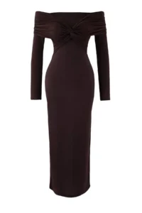 TRENDYOLMİLLA Dark Brown Collar Detailed Knitting Midi Unlined Elegant/Evening Dress - Image 5