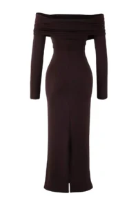 TRENDYOLMİLLA Dark Brown Collar Detailed Knitting Midi Unlined Elegant/Evening Dress - Image 6