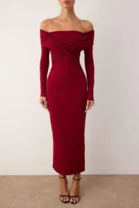 TRENDYOLMİLLA Burgundy Collar Detailed Knitting Midi Unlined Chic/Evening Dress - Image 3