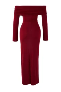 TRENDYOLMİLLA Burgundy Collar Detailed Knitting Midi Unlined Chic/Evening Dress - Image 6