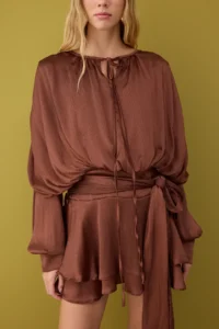 TRENDYOLMİLLA Brown Binding Detailed Boho Weaving Satin Mini Inside OF shorts Dress - Image 3