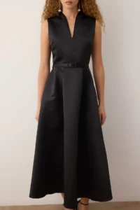 TRENDYOLMİLLA Black Plain Arched Skirt V-neck Satin Maxi Chic/Evening Dress - Image 3