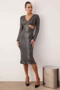 TRENDYOLMİLLA Anthracite Cut Out Detailed Knitting Sequin Midi Lined Elegant/Evening Dress