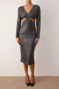 TRENDYOLMİLLA Anthracite Cut Out Detailed Knitting Sequin Midi Lined Elegant/Evening Dress - Image 3