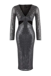 TRENDYOLMİLLA Anthracite Cut Out Detailed Knitting Sequin Midi Lined Elegant/Evening Dress - Image 5