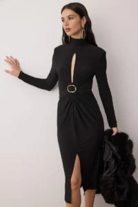 TRENDYOLMİLLA Black Cut Out Accessory Detailed Knitting Midi Unlined Chic/Evening Dress - Image 2