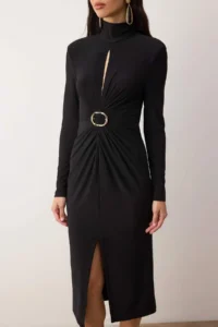 TRENDYOLMİLLA Black Cut Out Accessory Detailed Knitting Midi Unlined Chic/Evening Dress - Image 3