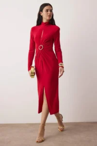 TRENDYOLMİLLA Rejection Cut Out Accessory Detailed Knitting Midi Unlined Chic/Evening Dress - Image 2