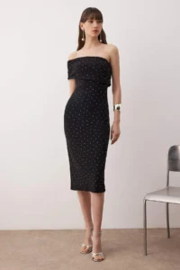 TRENDYOLMİLLA Black Stone Printed One Shoulder Knitting Midi Unlined her dress