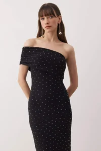TRENDYOLMİLLA Black Stone Printed One Shoulder Knitting Midi Unlined her dress - Image 2
