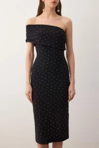 TRENDYOLMİLLA Black Stone Printed One Shoulder Knitting Midi Unlined her dress - Image 3