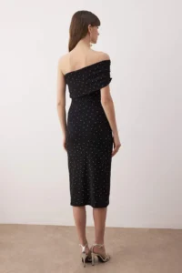 TRENDYOLMİLLA Black Stone Printed One Shoulder Knitting Midi Unlined her dress - Image 4
