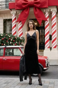 TRENDYOLMİLLA Black Velvet Satin and Lace Detailed her dress