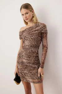 TRENDYOLMİLLA Dark Brown Boat Neck Leopard Patterned Tulle Lined Knitting Dress - Image 2