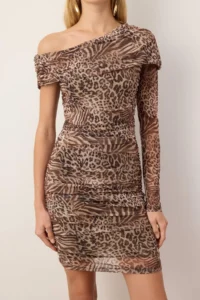 TRENDYOLMİLLA Dark Brown Boat Neck Leopard Patterned Tulle Lined Knitting Dress - Image 3