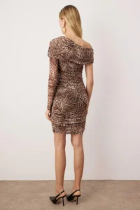 TRENDYOLMİLLA Dark Brown Boat Neck Leopard Patterned Tulle Lined Knitting Dress - Image 4
