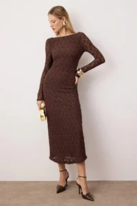 TRENDYOLMİLLA Dark Brown Plain Knitting Lace Maxi Lined Elegant/Evening Dress - Image 2