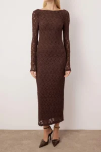 TRENDYOLMİLLA Dark Brown Plain Knitting Lace Maxi Lined Elegant/Evening Dress - Image 3