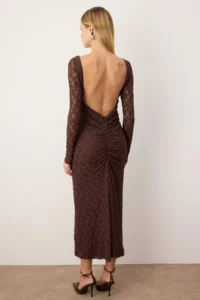 TRENDYOLMİLLA Dark Brown Plain Knitting Lace Maxi Lined Elegant/Evening Dress - Image 4