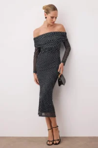 TRENDYOLMİLLA Black-White Polka Dot Lined Tulle Dress