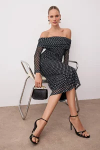 TRENDYOLMİLLA Black-White Polka Dot Lined Tulle Dress - Image 2