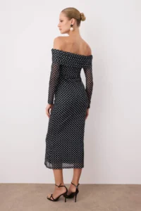 TRENDYOLMİLLA Black-White Polka Dot Lined Tulle Dress - Image 4