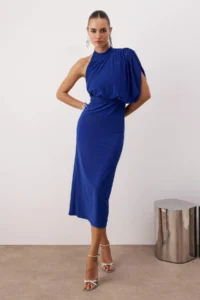 TRENDYOLMİLLA Saks Blue Asymmetric Sleeve Detailed Knitting Maxi Unlined Dress - Image 2