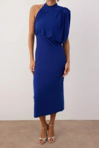 TRENDYOLMİLLA Saks Blue Asymmetric Sleeve Detailed Knitting Maxi Unlined Dress - Image 3