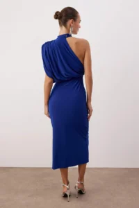 TRENDYOLMİLLA Saks Blue Asymmetric Sleeve Detailed Knitting Maxi Unlined Dress - Image 4