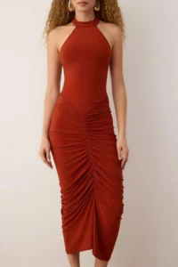 TRENDYOLMİLLA Koyu Cinnamon Shirred Midi Cocktail Dress /Cinnamon - Image 3