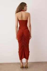 TRENDYOLMİLLA Koyu Cinnamon Shirred Midi Cocktail Dress /Cinnamon - Image 4