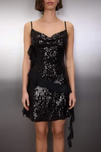TRENDYOLMİLLA Black Plain Frilly Detailed Sequin Short / Mini Lined her dress - Image 4