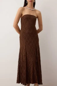 TRENDYOLMİLLA Brown Plain Lace Strapless Midi Lined Dress - Image 3