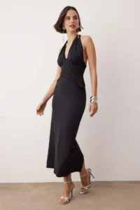 TRENDYOLMİLLA Black Plain Boyundan Binding Detailed Maxi Dress - Image 2