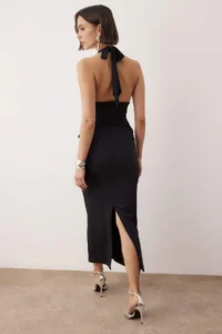 TRENDYOLMİLLA Black Plain Boyundan Binding Detailed Maxi Dress - Image 3