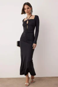 TRENDYOLMİLLA Black Body-Fitting Neck Binding Detailed Maxi Evening Gown Night New year her dress /Black - Image 2
