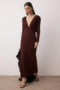 TRENDYOLMİLLA Brown Knitting Back Detailed Maxi Lined Dress - Image 2