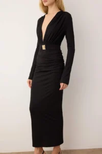TRENDYOLMİLLA Black Belt Detailed Knitting Modal Chic/Evening Dress - Image 3
