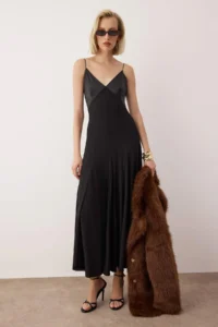 TRENDYOLMİLLA Black Knitting Satin Detailed Maxi Unlined Chic/Evening Dress - Image 3