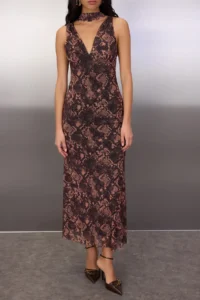 TRENDYOLMİLLA Multicolored animals with scarf Knitting Tulle Maxi Lined Elegant/Evening Dress - Image 3