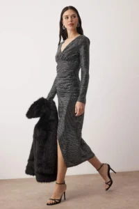 TRENDYOLMİLLA Gray Fitted Sequin Midi Unlined Party Dress - Image 2