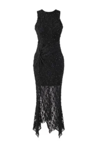 TRENDYOLMİLLA Black Stone Printed Tulle Maxi Lined Party Dress