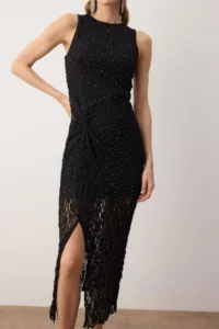 TRENDYOLMİLLA Black Stone Printed Tulle Maxi Lined Party Dress - Image 4