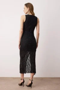 TRENDYOLMİLLA Black Stone Printed Tulle Maxi Lined Party Dress - Image 5