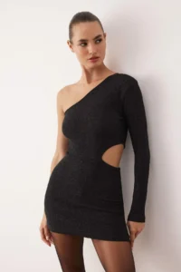 TRENDYOLMİLLA Black Knitting Simli Knitting Mini Unlined Dress - Image 2
