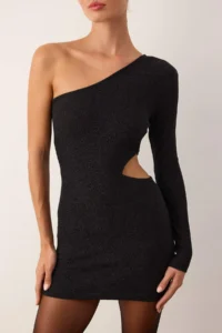 TRENDYOLMİLLA Black Knitting Simli Knitting Mini Unlined Dress - Image 4