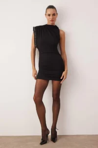 TRENDYOLMİLLA Black Knitting Crepe Trok Detailed Mini Unlined her dress - Image 3