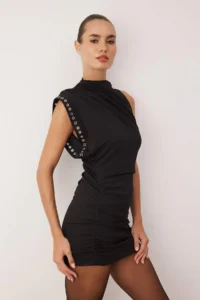 TRENDYOLMİLLA Black Knitting Crepe Trok Detailed Mini Unlined her dress - Image 4