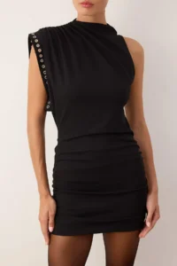 TRENDYOLMİLLA Black Knitting Crepe Trok Detailed Mini Unlined her dress - Image 5