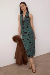 TRENDYOLMİLLA Emerald Green Floral Knitting Tulle Midi Lined Graduation/promotion Dress